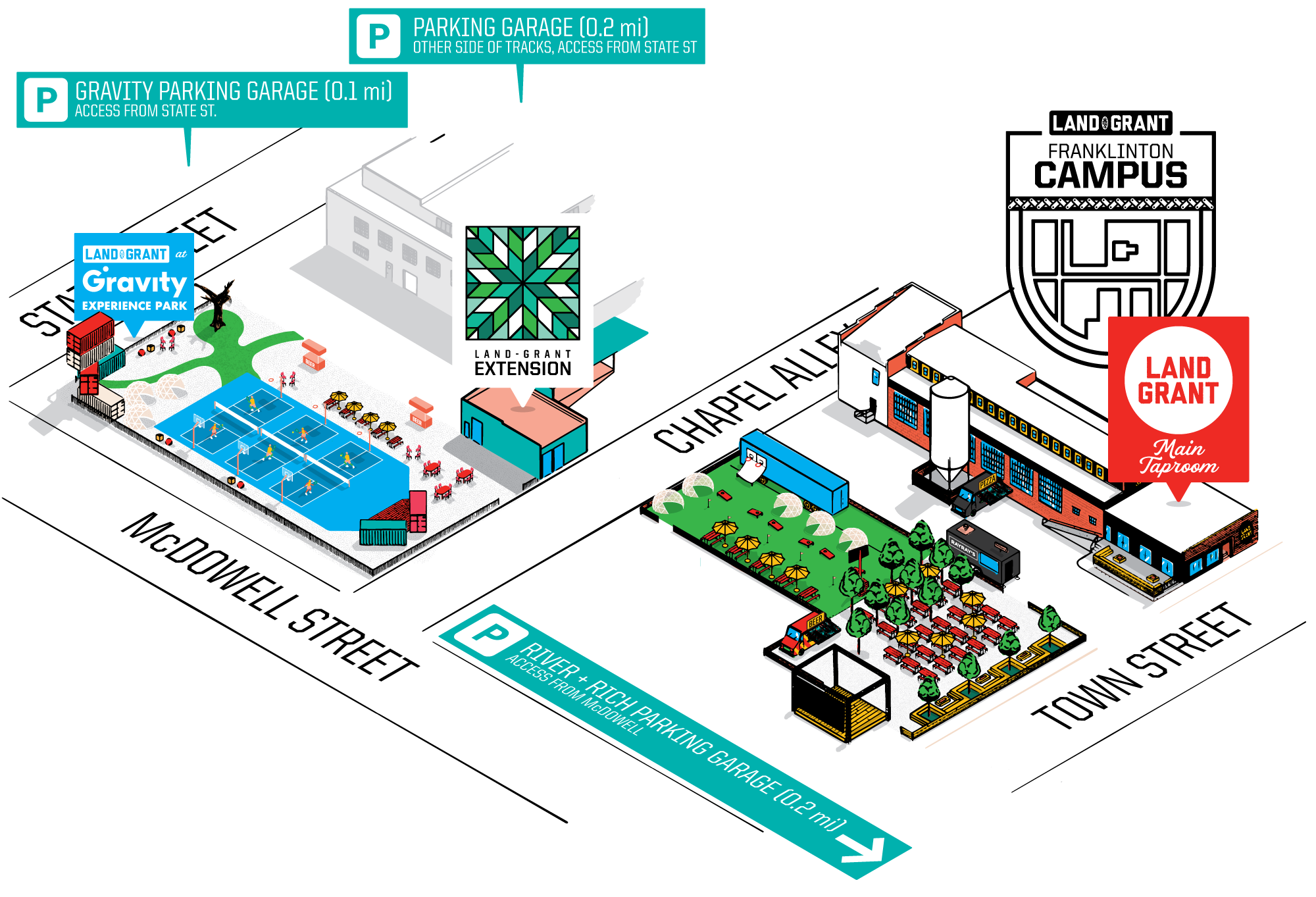 Illustrated map showing Gravity Parking Garage, Tyler + Rich Parking Garage, and Land-Grant Main Taproom locations.