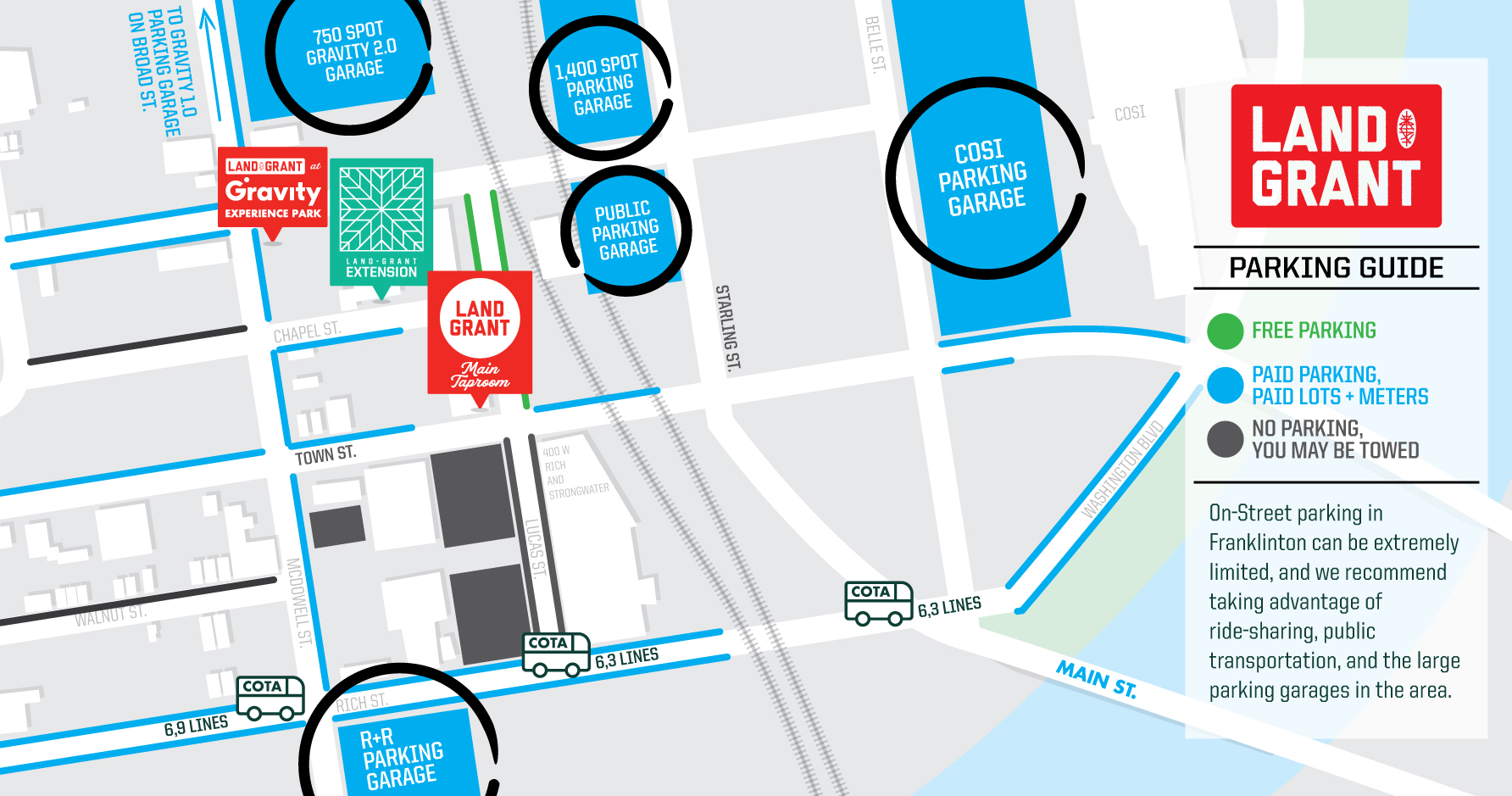 Land-Grant Brewing parking map showing nearby garages and lots in Franklinton, Columbus.