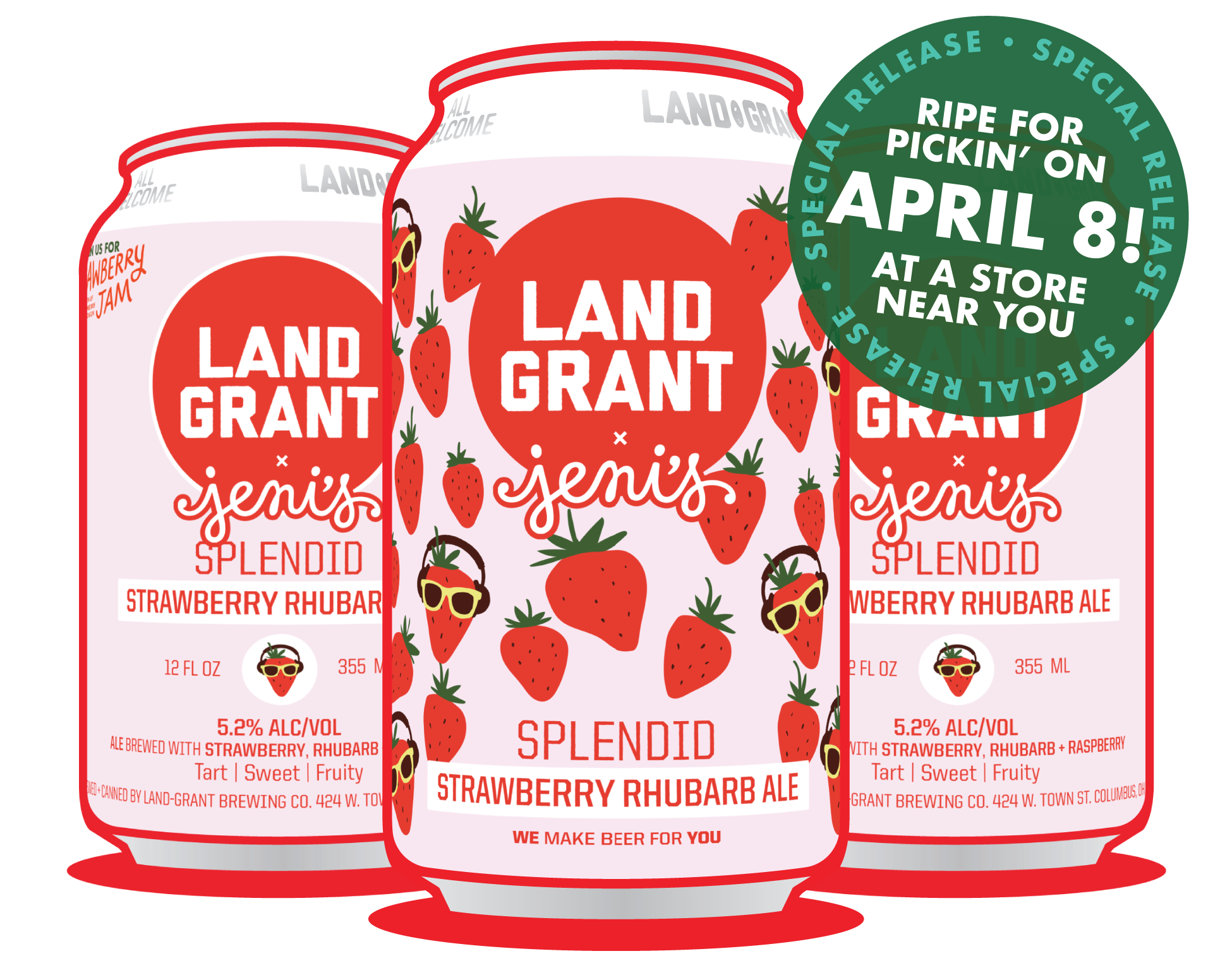 Land-Grant + Jeni's Strawberry Rhubarb Ale Available April 8th 2024!